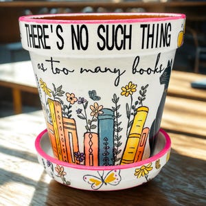 Book Corner Garden and Black Cat Artistic 6" Terracotta Flower and Plant Pots | Gift Idea | Decoupage Art & Hand Painted Designs