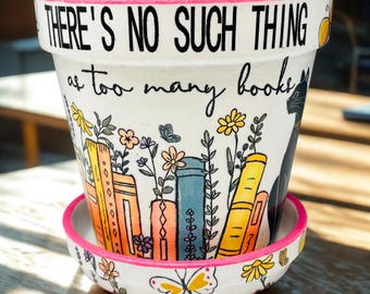 Book Corner Garden and Black Cat Artistic 6" Terracotta Flower and Plant Pots | Mother's Day Gift | Decoupage Art & Hand Painted Designs