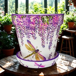 Dragonfly Purple Garden Artistic Terracotta Pot | Gift Idea | Decoupage Art & Hand Painted Planter