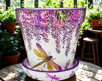 Dragonfly Purple Garden Artistic Terracotta Pot | Mother's Day Gift | Decoupage Art & Hand Painted Planter