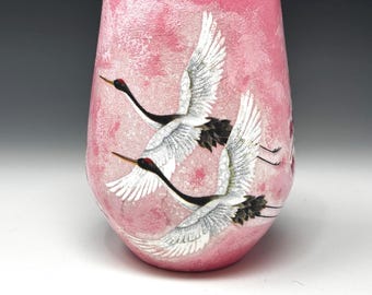 Glass Makeup Brush Holder or Vase, Red Crowned Cranes in Flight