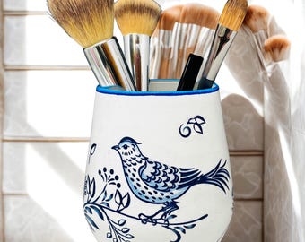 Glass Makeup Brush Holder or Vase Blue Bird