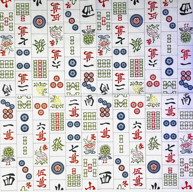 May include: A background of white Mahjong tiles with a repeating pattern. Each tile displays Chinese characters, symbols, and colourful designs in red, green, blue, and yellow. The tiles are arranged in a grid, creating a detailed and complex surface.