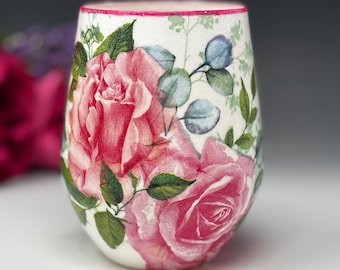 Feminine and Romantic Large Pink Cabbage Roses Vanity Makeup Brush or Pencil Holder