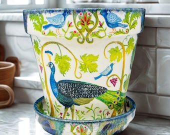 Peacock Garden Fantasy Colorful and Artistic 6" Terracotta Flower or Plant Pots | Mother's Day Gift | Decoupage Art & Hand Painted Designs