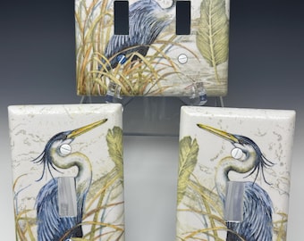 Blue Heron Decorative Light Outlet Cover Wall Plates Coastal Decor Crafted Using Decoupage Art