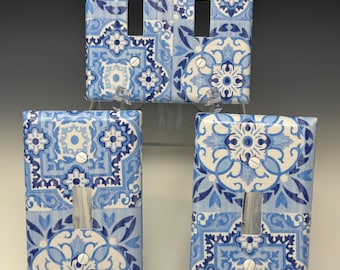 Blue and White Tile Decorative Light Outlet Cover Wall Plates Mediterranean Decor Crafted Using Decoupage Art