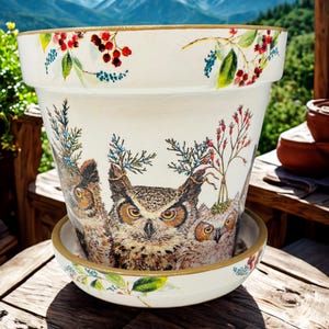 May include: A white ceramic plant pot and matching saucer featuring a detailed illustration of three owls with orange eyes. The exterior is decorated with painted red berries, green leaves, and blue sprigs, finished with a gold-toned rim.