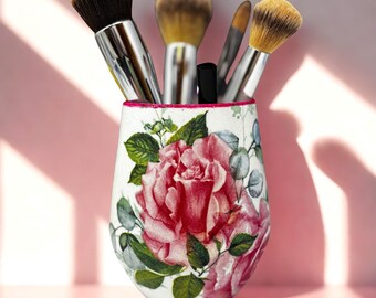 Feminine and Romantic Large Pink Cabbage Roses Vanity Makeup Brush or Pencil Holder