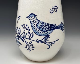 Glass Makeup Brush Holder or Vase Blue Bird