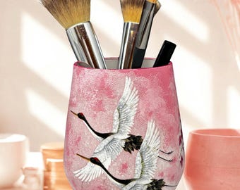 Glass Makeup Brush Holder or Vase, Red Crowned Cranes in Flight