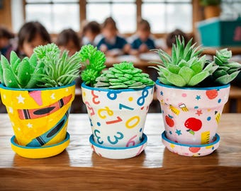 School Days Teacher Pattern Small 3" Terracotta Flower or Plant Pots | Decoupage Art & Hand Painted Designs