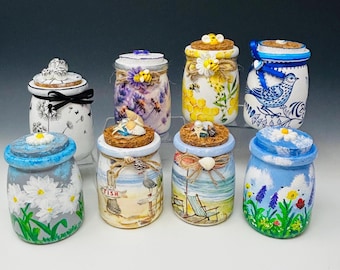Colorful Decoupaged Art Coastal or Floral Small Glass Candy Jars with Cork Lid | Add Optional Candy