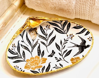 Decoupage Extra Large Sea Shell Ring Dish in Bold Black and Gold Design