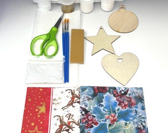 Wood Ornament Decoupage DIY Kit With Christmas Napkins and Supplies