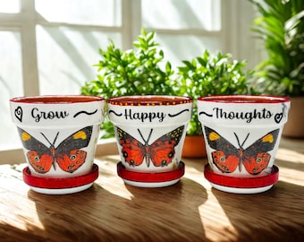 Personalized Small 3" Terracotta Flower or Plant Pots Gift Idea | Butterfly Decoupage Art & Hand Painted Designs