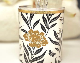 Vanity Jar with Lid 12 oz., Bold Black and Gold, Floral and Stripe Design