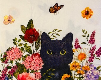 Black Cat and Wildflowers Napkins for Decoupage Art DIY Crafting Ideas Guest Size