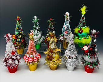 Mini Vintage Style Decorated Christmas Tree Table Top Centerpiece Various Designs