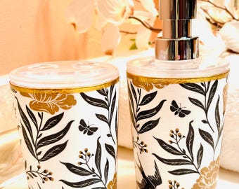 Vanity Soap Dispenser & Toothbrush Holders Bold Black and Gold, Floral and Stripe Design