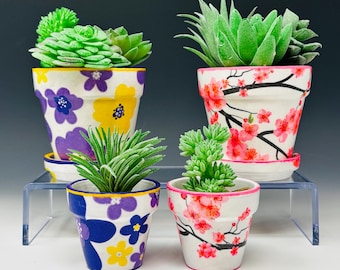 Purple or Pink Floral Pattern Small 3" or Mini 2” Terracotta Flower or Plant Pots | Mother's Day Gift | Decoupage Art & Hand Painted Designs