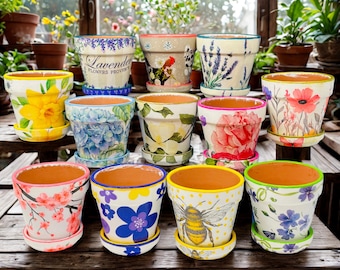 Colorful Small 3" Terracotta Flower or Plant Pots | Gift Idea | Decoupage Art & Hand Painted Designs