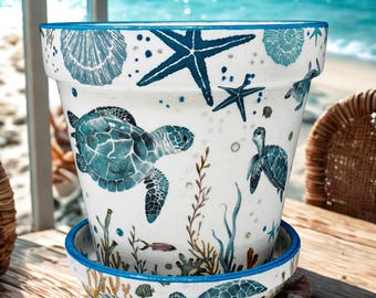 Underwater Turtles and Garden Fantasy Artistic 6" Terracotta Flower or Plant Pots | Mother's Day Gift | Decoupage Art & Hand Painted Design