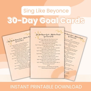 Könnte beinhalten: Drei druckbare Zielkarten mit dem Text "Sing Like Beyonce 30-Day Goal Cards". Die Karten sind beige mit schwarzem Text und goldenen Akzenten. Die Karten tragen die Titel "Goal Card Set A, B und C" und enthalten tägliche Aufforderungen.