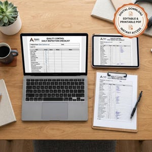 May include: A laptop, a tablet, and a clipboard displaying a Quality Control Daily Inspection Checklist document. The document features a table with columns for items, checkmarks, and notes, with the Apex Engineering logo at the top left.