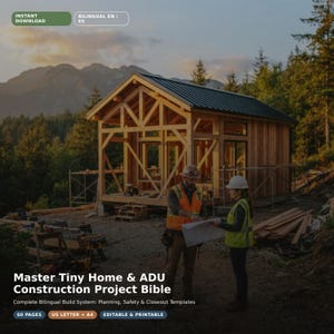 May include: A digital document titled Master Tiny Home & ADU Construction Project Bible, featuring a wooden frame structure under construction, two workers in safety vests, and text indicating 60 pages, US Letter and A4 sizes, and bilingual EN/ES.