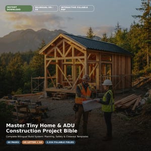 May include: A digital document titled Master Tiny Home & ADU Construction Project Bible, featuring a wooden tiny house under construction, two people in safety vests and hard hats reviewing plans, 60 pages, US Letter and A4 sizes, 2,034 fillable fields.