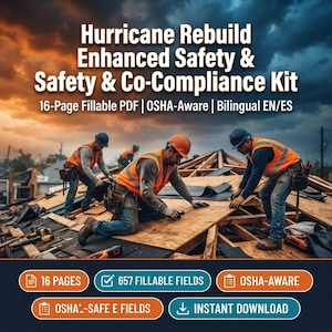 May include: A 16-page fillable PDF kit titled Hurricane Rebuild Enhanced Safety & Safety & Co-Compliance Kit. The image shows three construction workers in orange safety vests on a wooden roof, with text highlighting 657 fillable fields, OSHA-aware, and instant download features.