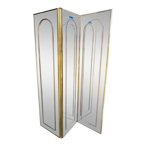 Milo Baughman Style Brass Gold Full Length Mirror Room Divider Screen