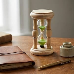 May include: An hourglass with a light-coloured wooden frame and clear glass bulbs containing bright green sand. The hourglass features a circular top and base connected by four turned wooden pillars, with the sand flowing between the two glass chambers.