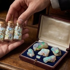 May include: A display of opals and small glass vials filled with opal fragments. The opals are displayed in a maroon box with a blue velvet interior. The vials have cork stoppers. The opals have a mix of colors including blue, green, and white.