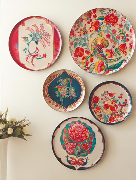 Handmade Set of 5 Colorful Wall Decorative Plate , Metal Wall Art Home Plates Decoration