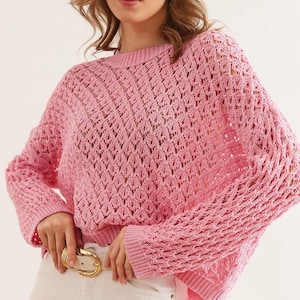 Pink Crochet Cropped Sweater: Open Knit Festival Top