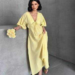 Linen Summer Dress for Women, Boho Loose Fit Midi Dress, Casual Beach Dress, Puff Sleeve V Neck Dress, Lightweight Sundress, calassic dress