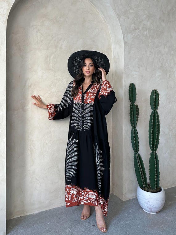 chinese dress ladies 2026 Spring/Autumn Ethnic Print Maxi Dress – V-Neck, Striped Contrast, –  HER SHOP main image 0