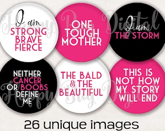 Bold Breast Cancer Awareness Sayings Graphics Collage Sheet - Round Circles for 1" Buttons 1.313" Cut Line INSTANT DOWNLOAD