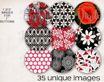 Rot Weiß & Schwarz Designs Digital Collage Sheet - 1.313 zoll runde Kreise für 1 Zoll Buttons Magnete Badge Reels SOFORTIGER DOWNLOAD