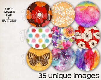 Bunte helle Designs Digital Collage Sheet - 1,313 Zoll runde Kreise für 1 Zoll Buttons Magnete Abzeichen Spulen SOFORTIGER DOWNLOAD