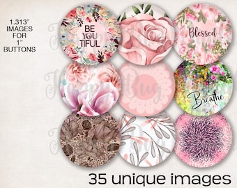 Bunte rosa Designs Digitale Collage Sheet - 1,313 Zoll runde Kreise für 1 "Zoll Buttons Magnets Badge Reels INSTANT DOWNLOAD