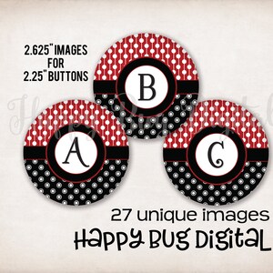 Könnte beinhalten: Drei 2,625 Zoll druckbare Bilder für 2,25 Zoll Knöpfe. Jedes Bild zeigt ein rotes und schwarzes Punkte-Muster mit einem weißen Kreis in der Mitte. Die Kreise enthalten die Buchstaben A, B und C in weiß.