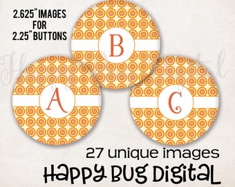 Monogram Pocket Mirror Digital Collage Sheets - 27 Designs Orange Dots 2.625" Circles for 2-1/4" Mirrors 2.25 Inch