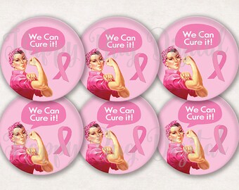Brustkrebs Awareness "ROSIE - We Can Cure It" Digital Collage Sheet 1,629" Circles for 1-1/4" 3,25 Inch Buttons SOFORTIGER DOWNLOAD