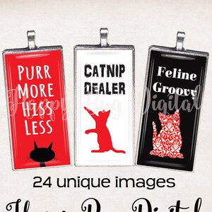 May include: Three rectangular cat-themed pendants with silver frames. The first pendant has a red background with white text that reads "Purr More Hiss Less". The second pendant has a white background with black text that reads "Catnip Dealer". The third pendant has a black background with white text that reads "Feline Groovy". All three pendants feature a black silhouette of a cat.