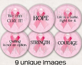Brustkrebs Awareness Sprüche Digital Collage Sheet - 10 Designs 1,629" Kreise für 1-1/4" 3,25 Zoll Buttons SOFORTIGER DOWNLOAD