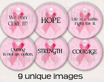 Brustkrebs Awareness Sprüche Digital Collage Sheet - 9 Designs 2,625" Kreise für 2-1/4" 2,25 Zoll INSTANT DOWNLOAD