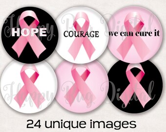 Feuille de collage graphique de sensibilisation au cancer du sein - Cercles ronds de 1 pouce pour pendentifs en carrelage TÉLÉCHARGEMENT INSTANTANÉ